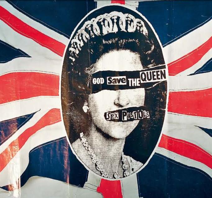▲圖為性手槍樂團被禁播，卻登上英國單曲榜第二名的單曲：〈God Save the Queen〉的封面圖案，呈現對英國女皇的諷刺。