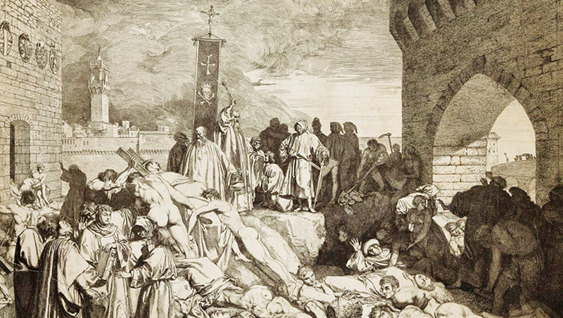 1348年黑死病在佛羅倫斯肆虐,當時文學家薄伽丘在《十日談》裡描繪這股恐怖景象。 1348年黑死病在佛羅倫斯肆虐,當時文學家薄伽丘在《十日談》裡描繪這股恐怖景象。