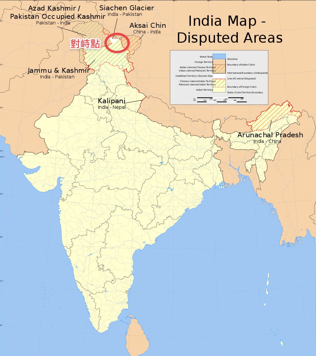 印度和周邊國家爭議領土。