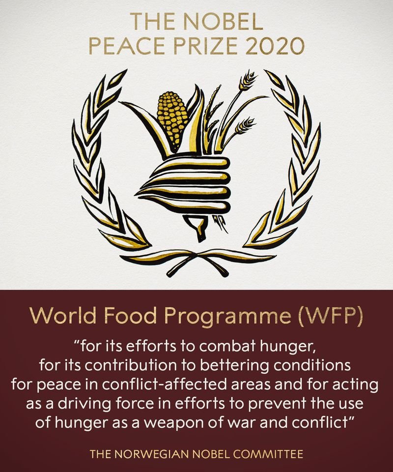 挪威諾貝爾委員會宣布2020年諾貝爾和平獎得主為「世界糧食計劃署」。