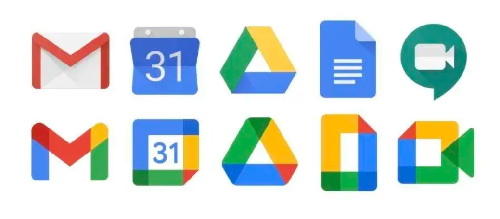上排為Google系列軟體舊logo，下排為Google系列軟體新logo