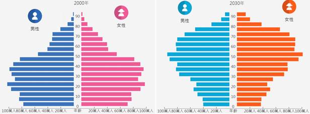 圖6：2000年/2030年台灣人口金字塔比較（2030年為預估值）
