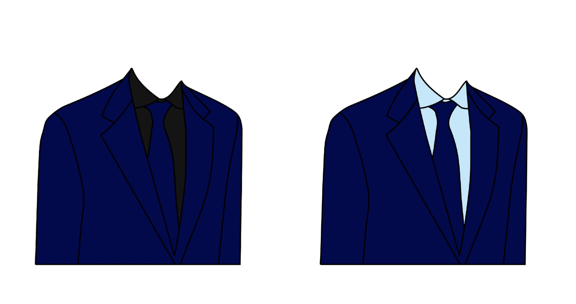 深藍西裝外套＋黑色內搭（左圖）、深藍西裝外套＋天藍內搭（右圖）。