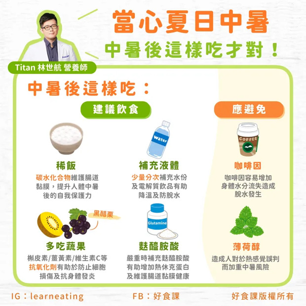 中暑後的飲食重點。