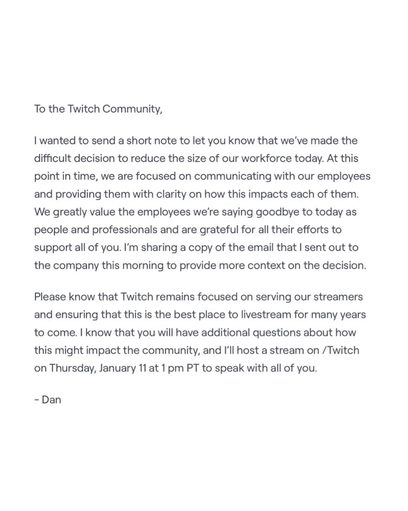 Twitch執行長丹．克蘭西寫給公司內部的裁員信。
