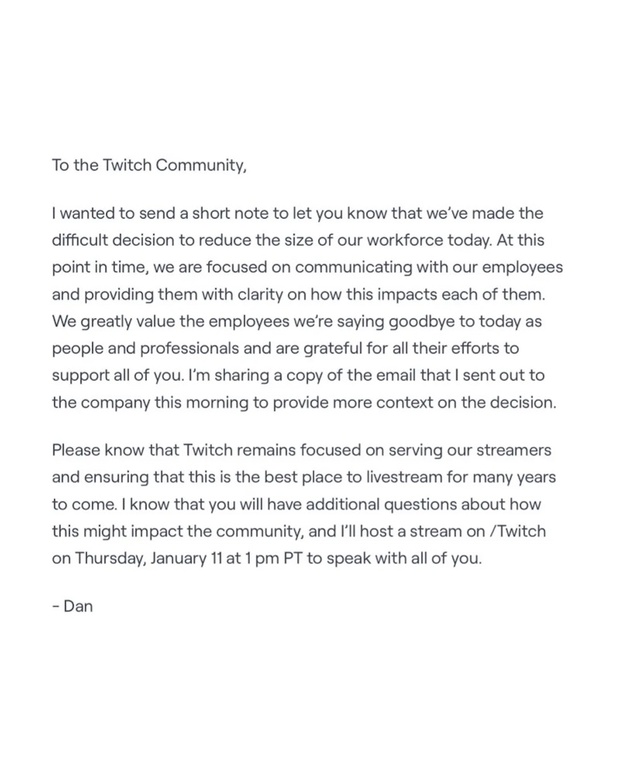 Twitch執行長丹．克蘭西寫給公司內部的裁員信。