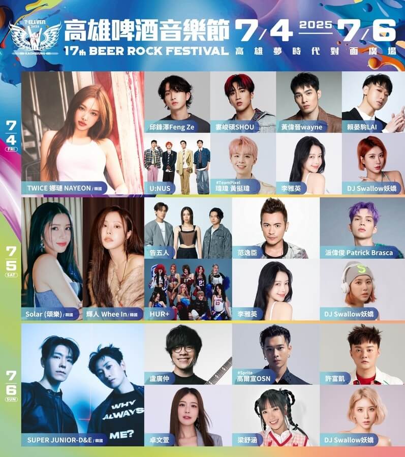 2025高雄啤酒音樂節卡司陣容：TWICE娜璉NAYEON、U:NUS、瑋瑋（黃挺瑋）、邱鋒澤、婁峻碩、黃偉晉、賴晏駒LAI、DJ Swallow妖嬌、李雅英、MAMAMOO Solar（頌樂）、輝人Whee In、告五人、派偉俊Patrick Brasca、范逸臣、HUR+、SUPER JUNIOR-D&E、盧廣仲、高爾宣OSN、卓文萱、許富凱、梁舒涵