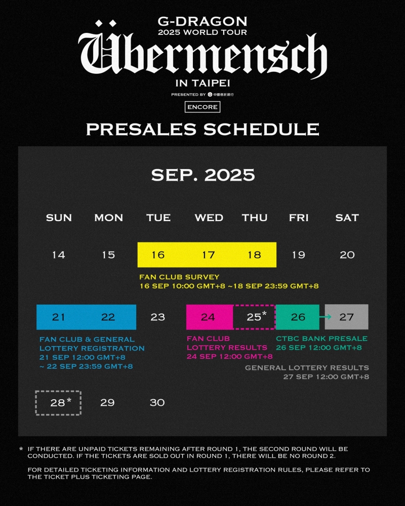 《G-DRAGON 2025 WORLD TOUR [Übermensch] IN TAIPEI : ENCORE》抽選＆購票時程