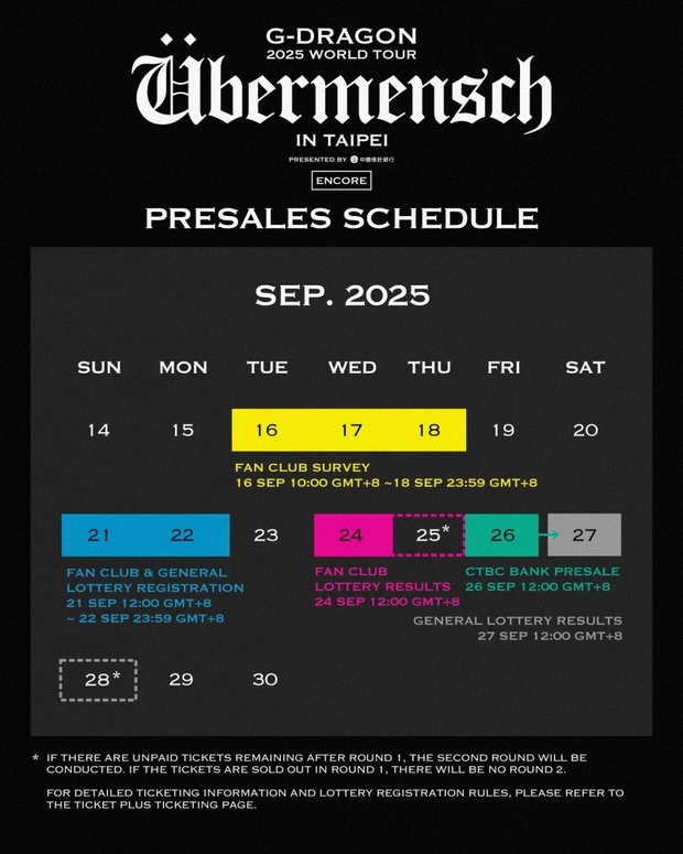 《G-DRAGON 2025 WORLD TOUR [Übermensch] IN TAIPEI : ENCORE》抽選＆購票時程