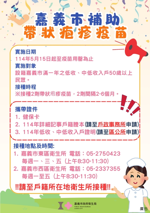 嘉義市帶狀皰疹疫苗補助