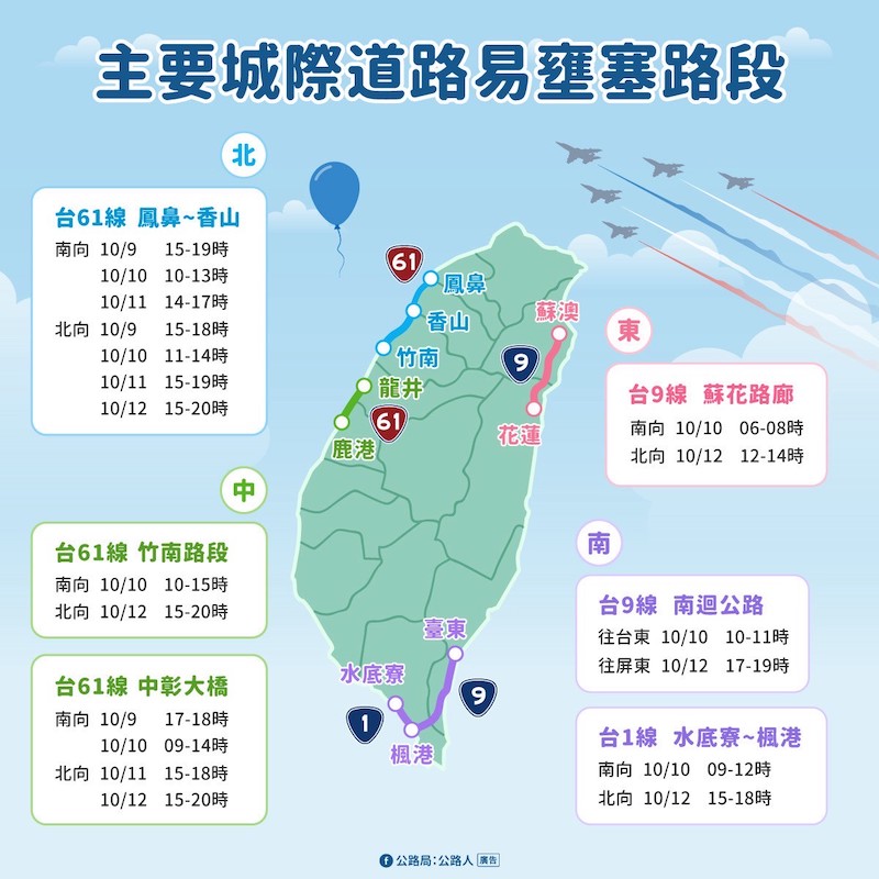 2025雙十國慶連假主要城際道路易壅塞路段及時段