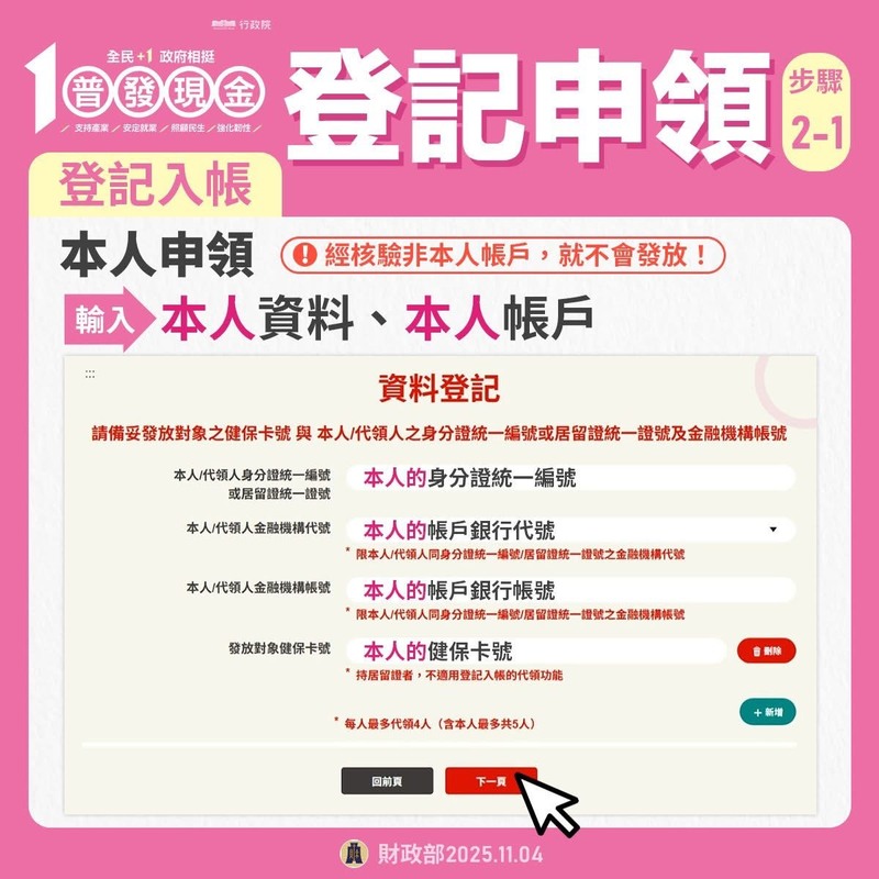 普發一萬現金登記入帳流程步驟：本人申請