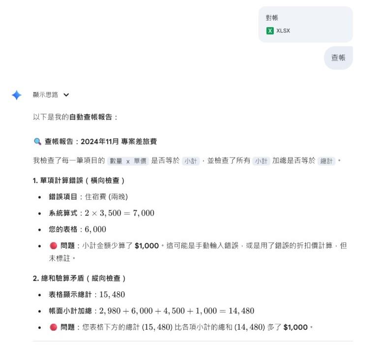 Gemini 3 Pro協助核對帳冊與檢查數字是否合理