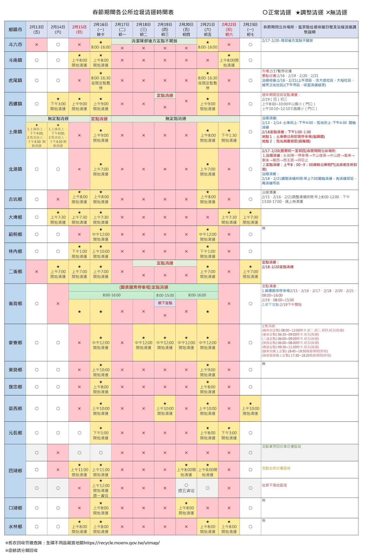 2026雲林過年垃圾車時間。