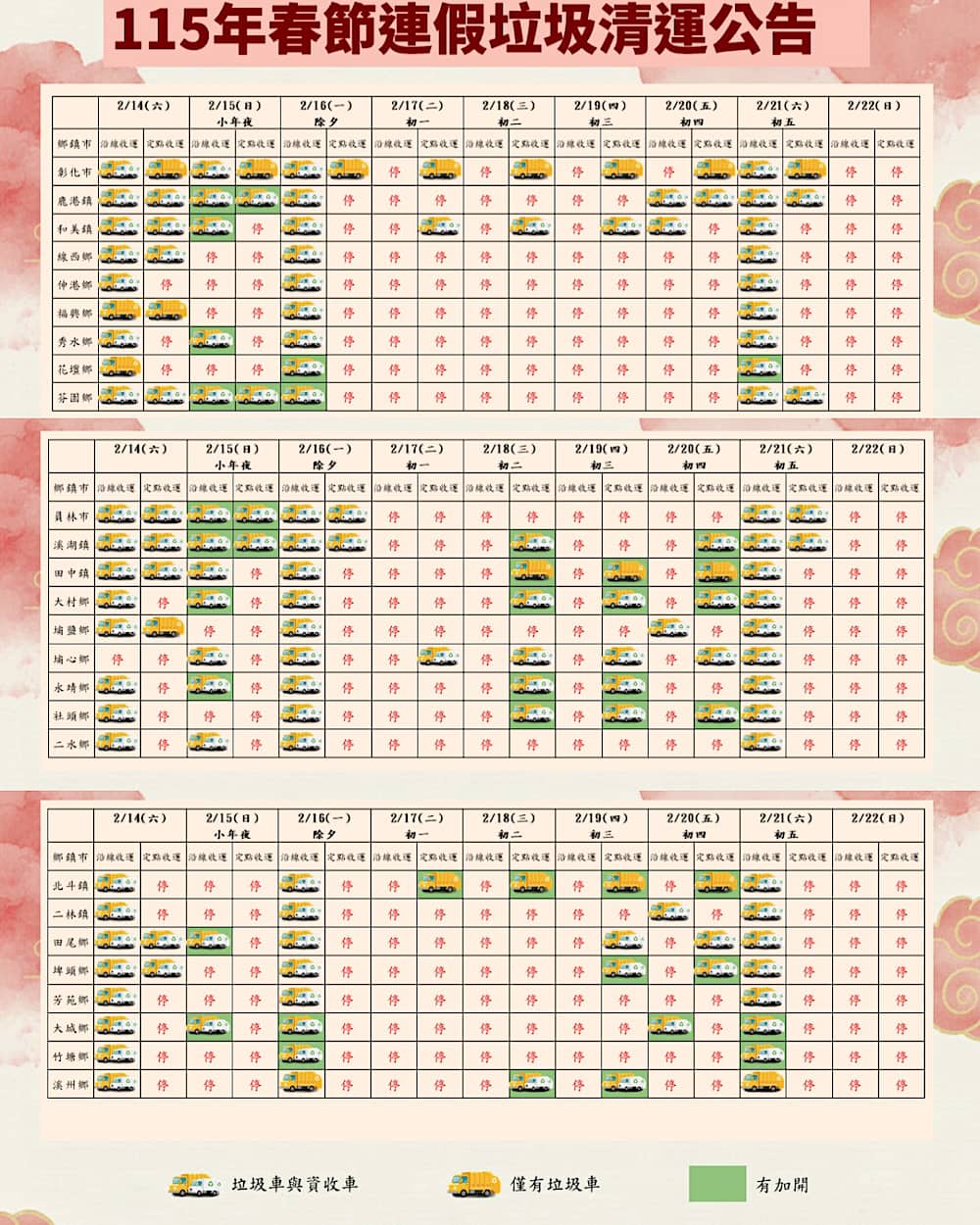 115年農曆春節彰化縣垃圾清運時間表
