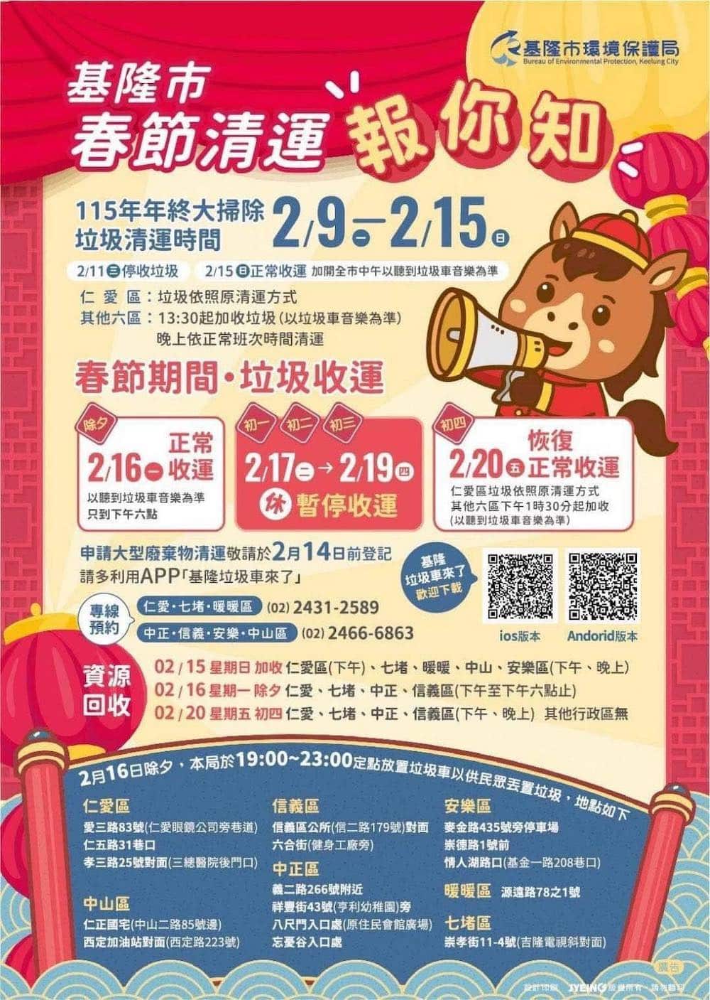 115年農曆春節基隆市垃圾清運時間表