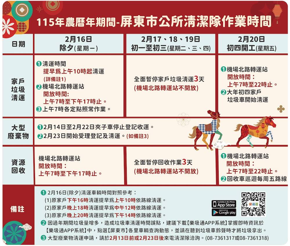 115年農曆春節屏東縣「屏東市」垃圾清運時間表