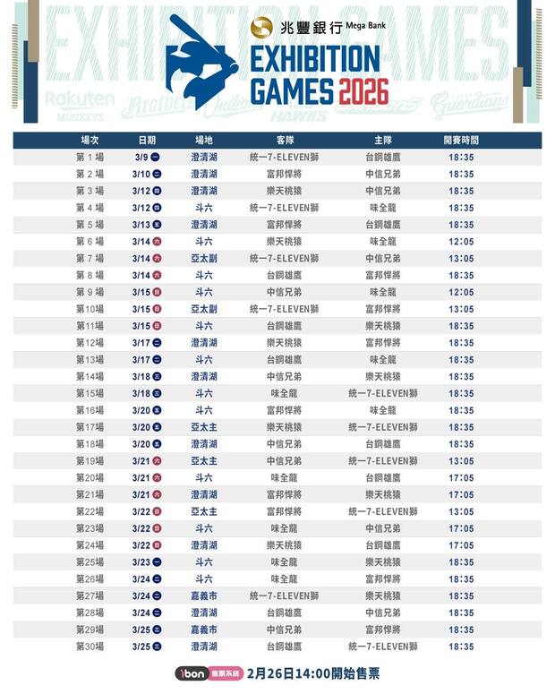 2026中華職棒熱身賽賽程表