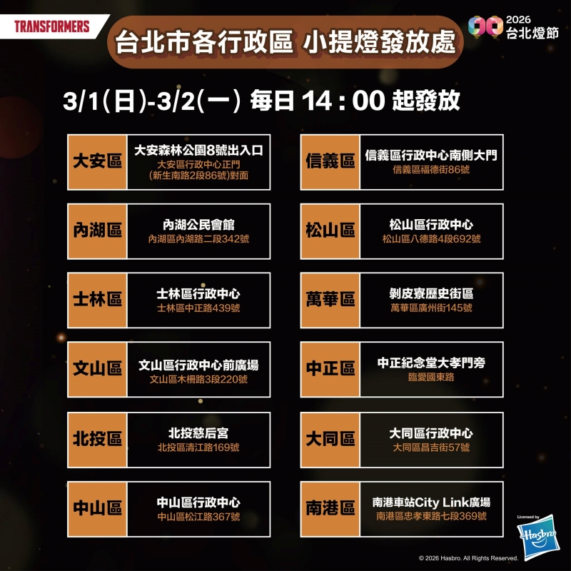 2026台北燈節台北市各行政區小提燈發放處