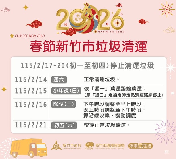 115年農曆春節新竹市垃圾清運時間表