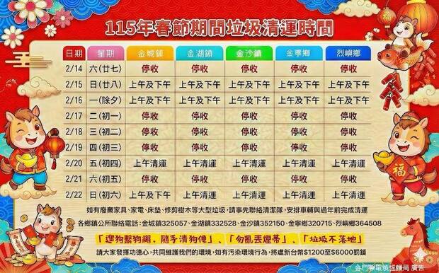 2026金門過年垃圾車時間