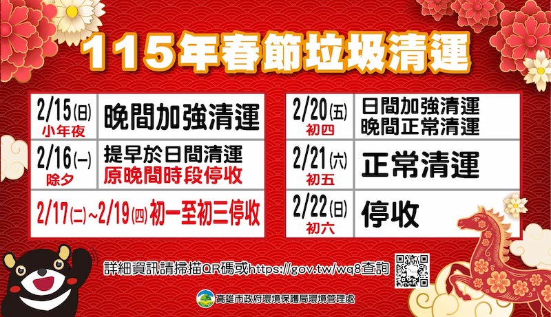 115年農曆春節高雄市各區垃圾清運時間表