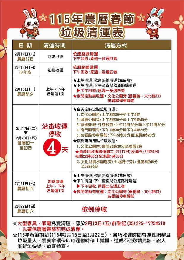 115年農曆春節嘉義市垃圾清運時間表