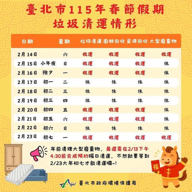 115年農曆春節台北市垃圾清運時間表