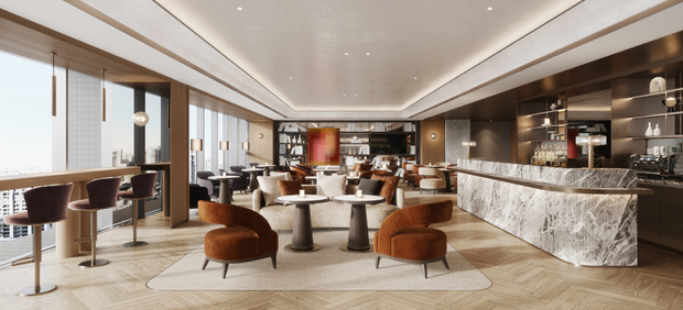「新潤世界都心」商業棟29層頂樓國際SKY LOUNGE，與一樓「潤咖啡」共構飯店級的休閒餐飲機能。（此為3D示意圖僅供參考）