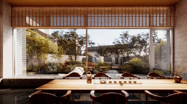 茶屋與庭園造景相呼輝映（此為3D示意圖）。圖片來源／慶山建設提供
