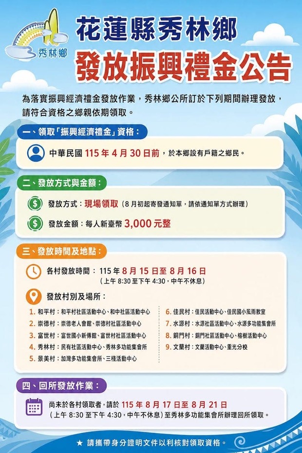 花蓮縣秀林鄉發放振興禮金