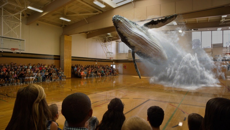 16公尺座頭鯨，瞬間從體育館地板一躍而出，掀起大浪花！比AR、VR更厲害的MR來了