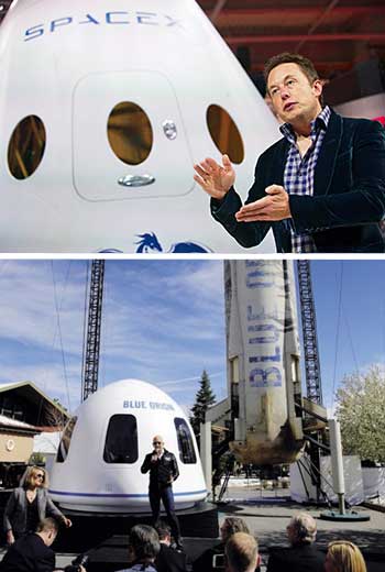 直擊富豪太空旅行船艙馬斯克（上圖）與貝佐斯（下圖）拚比誰能先送人上太空，紛紛展示精心設計的載人太空艙。SpaceX可望在今年底前首度搭載太空人升空。